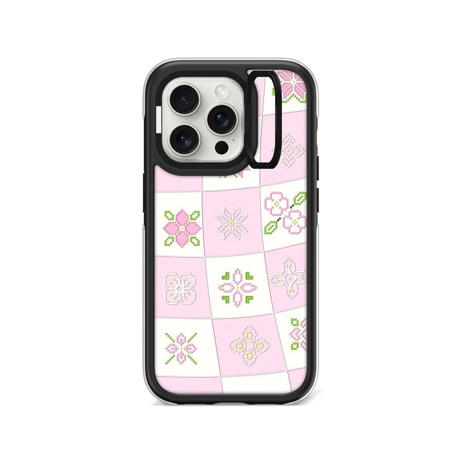 iPhone 15 Pro Cherry Blossom Checker Camera Ring Kickstand Case - CORECOLOUR AU